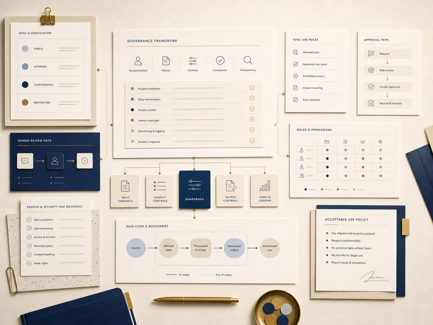 Editoriales Beitragsbild zu Governance, Datenschutz und sicherer KI-Nutzung: Datenklassifikation, Tool-Regeln, Freigabepfade, Rollen und Berechtigungen sowie menschliche Review- und Kontrollmechanismen sind in einem klaren Governance-Rahmen strukturiert dargestellt.